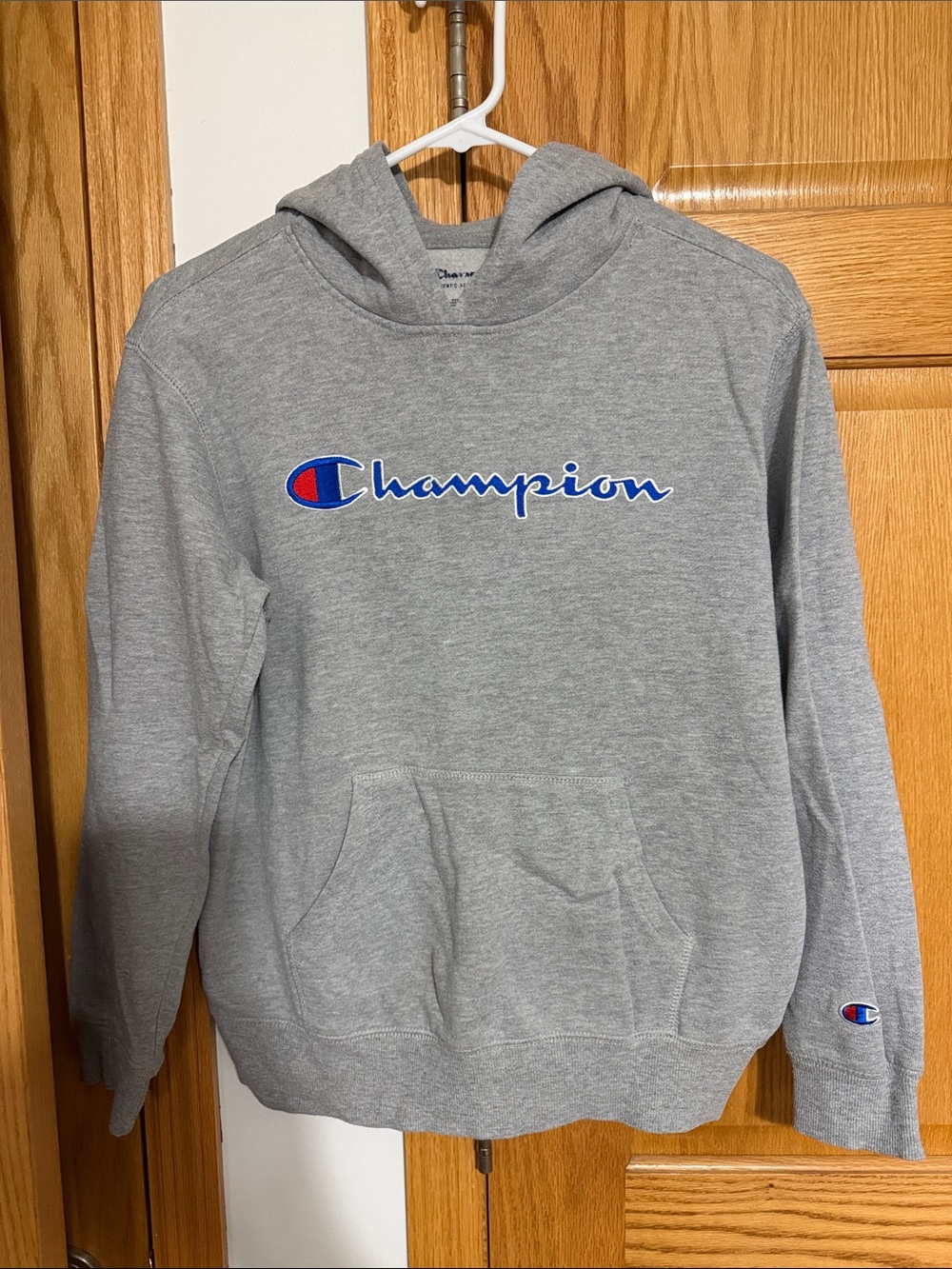 Champion Gray Crewneck Hoodie with Blue & Red Logo
